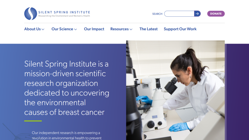 Silent Spring Institute homepage with mission statement about environmental causes of breast cancer and image of scientist using microscope