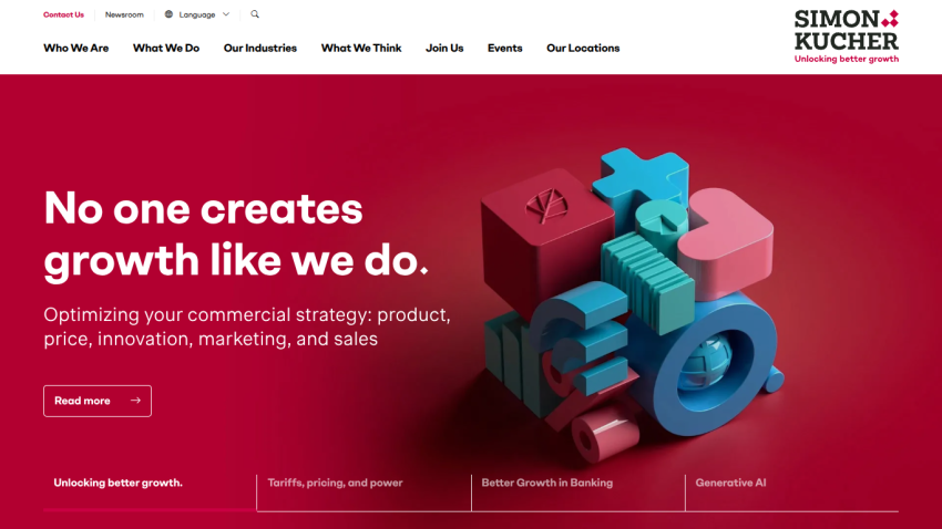 Homepage featuring colorful 3D shapes with the tagline about growth optimization.