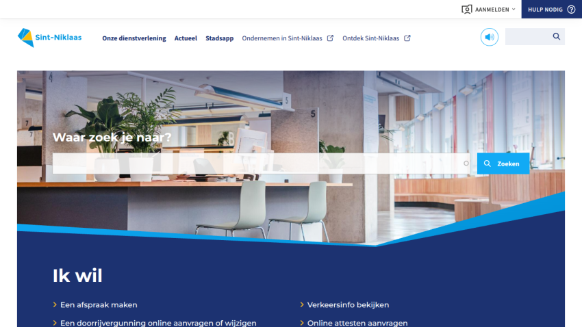 Sint-Niklaas city website with search bar and options to make appointments, view traffic info, and request permits