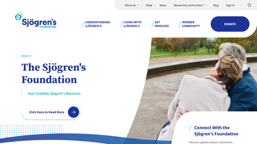 The Sjögren's Foundation homepage with navigation, a call to read more, and a smiling woman in the hero section