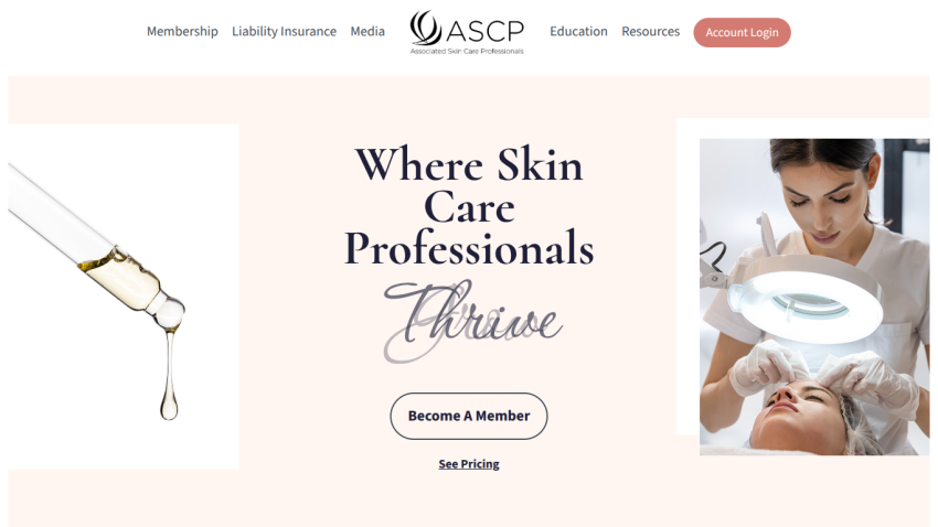 ASCP homepage with navigation, tagline for skin care professionals, and membership call-to-action