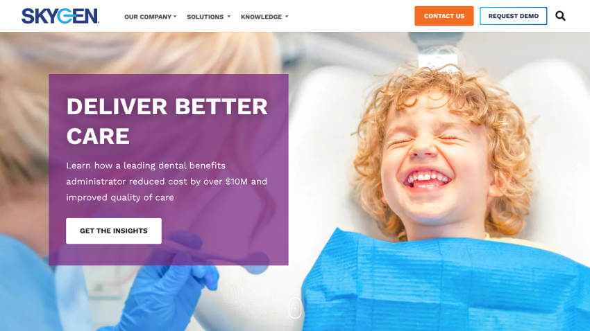 Skygen homepage with headline about delivering better care and a smiling child at the dentist, plus navigation and contact buttons
