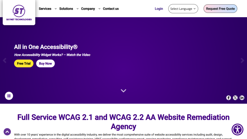 Website promoting accessibility services with a video link and a description of services offered.