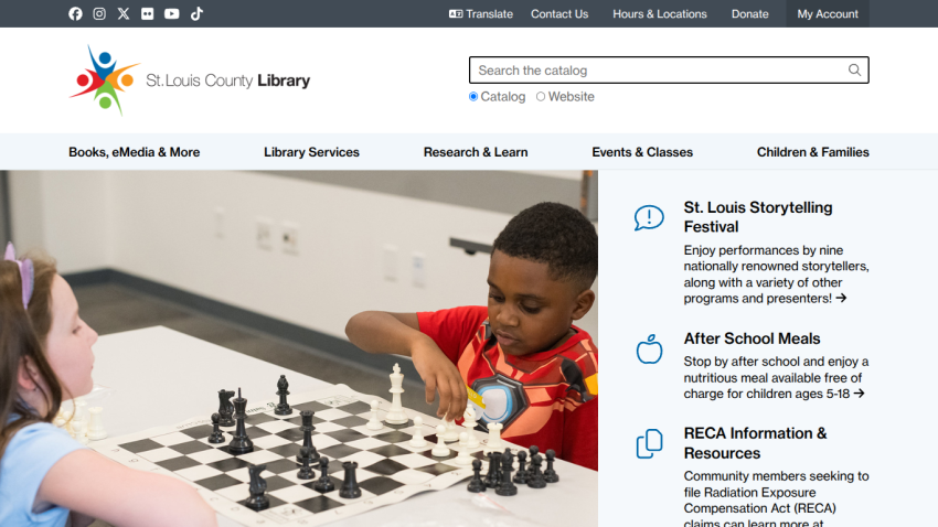 St. Louis County Library homepage with navigation, search catalog, and featured programs including storytelling festival and after school meals