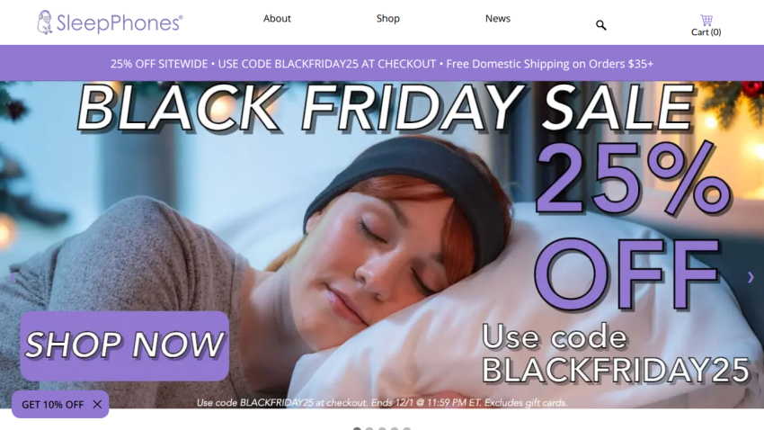 Black Friday sale with 25% off using code BLACKFRIDAY25, featuring a woman sleeping with SleepPhones headband
