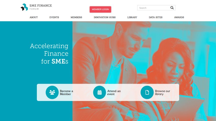 SME Finance Forum homepage with navigation and options to become a member, attend events, and browse the library