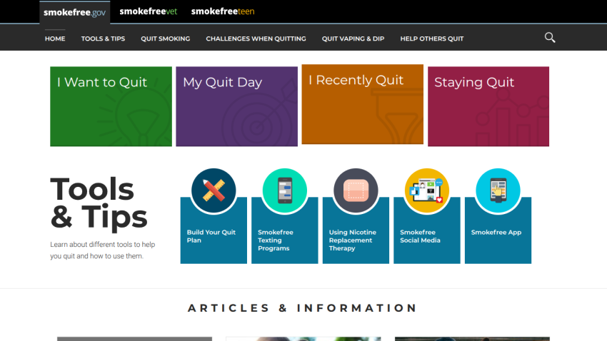 Website section promoting quitting tools and tips with navigation options.