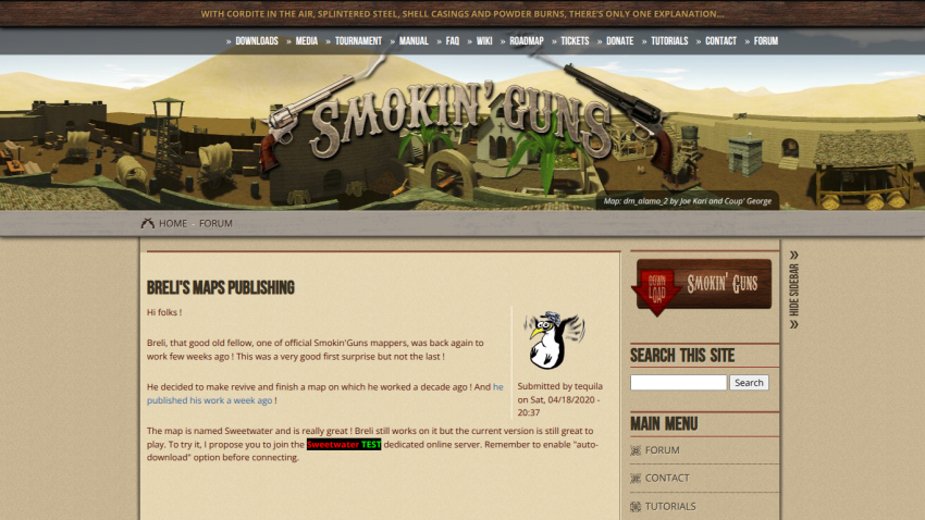 Smokin' Guns game site with navigation menu, map image, and news about Breli's map publishing