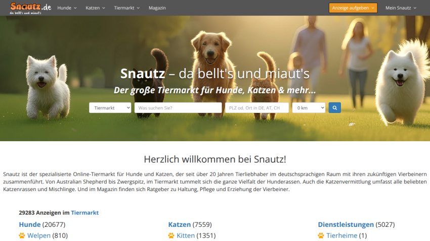 Snautz online pet market homepage with search bar and welcome text for dogs, cats, and services