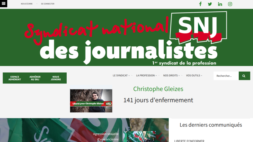 Syndicat national des journalistes website with header, navigation, and hero section about Christophe Gleizes' 141 days of imprisonment