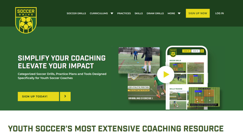 Soccer Drive website hero with coaching tools, drills, and signup call-to-action for youth soccer coaches.