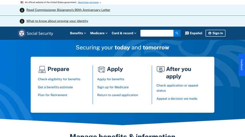 Social Security website with options to prepare, apply, and manage benefits.