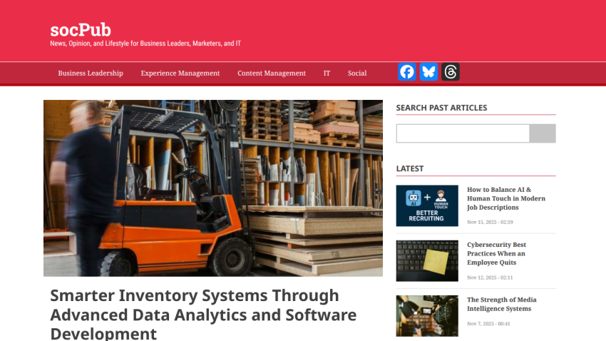 SocPub homepage featuring business leadership news with a hero article on smarter inventory systems and latest articles on AI recruiting and cybersecurity