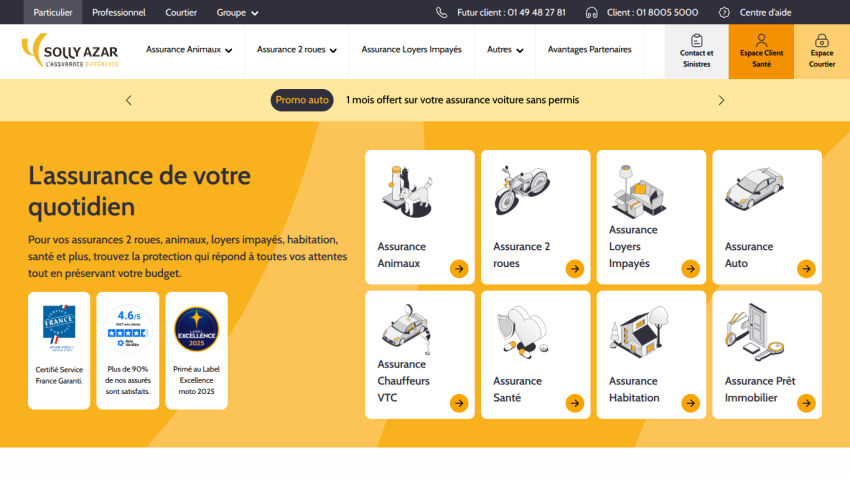Insurance options for animals, two-wheelers, unpaid rent, auto, VTC drivers, health, home, and mortgage with customer satisfaction badges