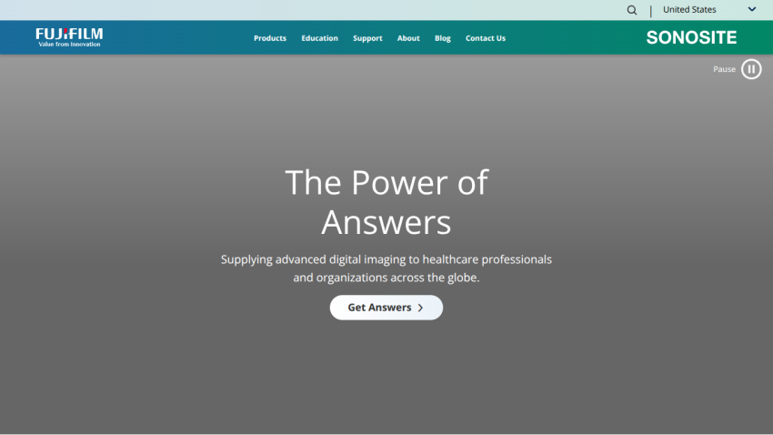 Fujifilm Sonosite website header with navigation and hero text about supplying advanced digital imaging to healthcare professionals