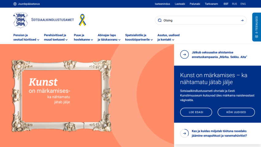 Estonian Social Insurance Board homepage with navigation, campaign on recognizing invisible impact of art, and news links.