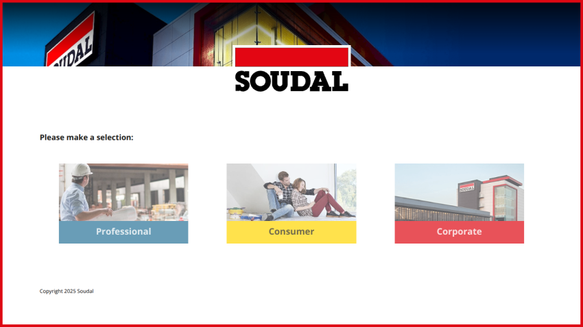 Soudal selection page offering Professional, Consumer, and Corporate options with images and logo