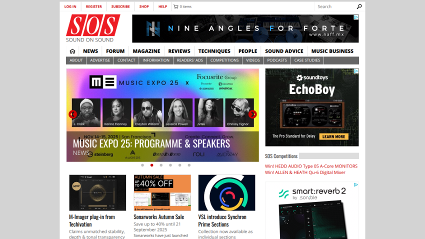 Homepage of SOS with featured articles on music expo and audio gear.