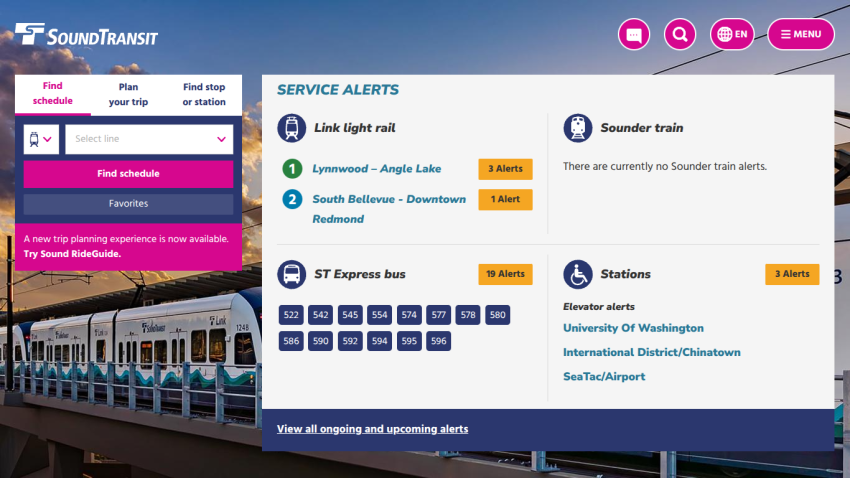 Service alerts for Link light rail and Sounder trains, with schedule and station information.