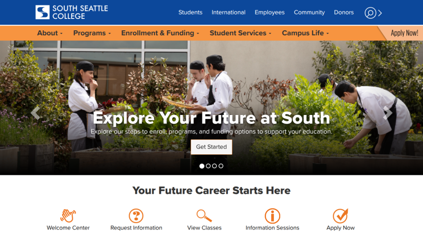 South Seattle College homepage with navigation, hero image of students gardening, and call to action to explore enrollment and programs