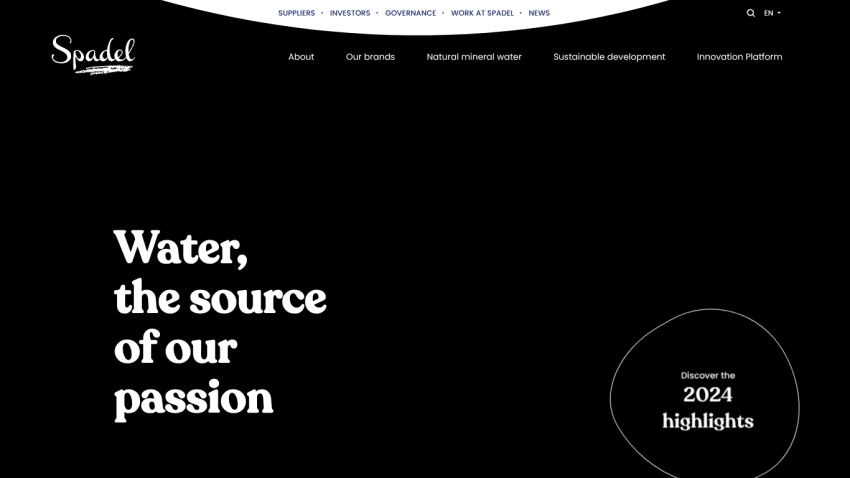Homepage header with navigation and hero text 'Water, the source of our passion' and a '2024 highlights' button