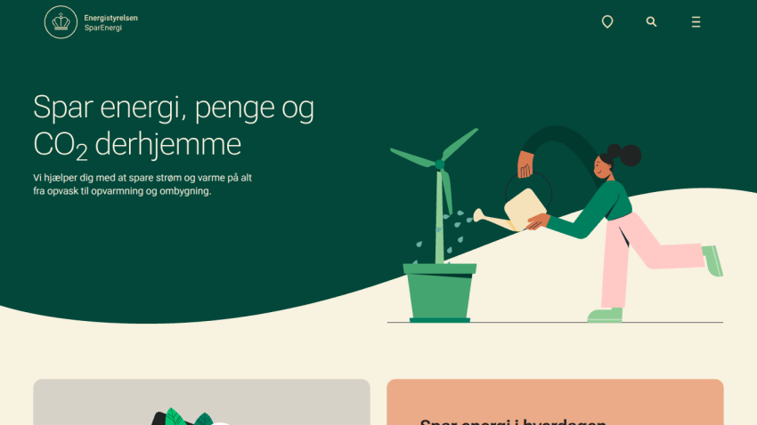 Energy saving website offering tips to save energy, money, and CO2 at home with illustration of person watering a wind turbine plant
