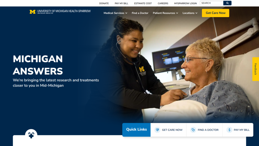 Homepage of Michigan Answers featuring a healthcare professional with a patient and navigation links.