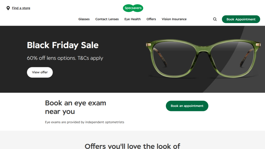 Specsavers website showing Black Friday Sale with 60% off lens options and option to book an eye exam
