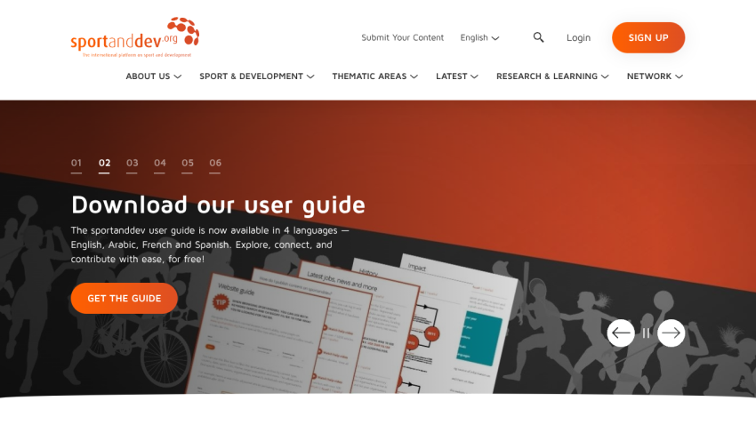 Sportanddev.org homepage with navigation and a hero section promoting a user guide available in four languages