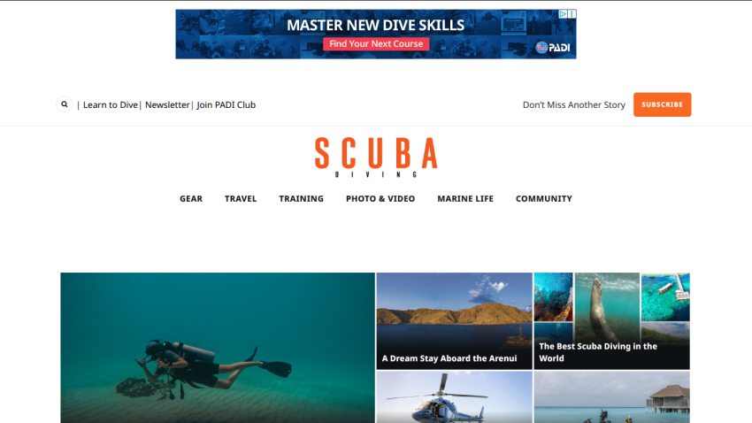 Scuba Diving website with navigation and featured articles on scuba diving destinations and experiences