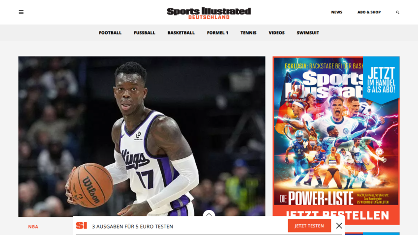 Sports Illustrated Deutschland homepage with basketball player hero image and magazine cover promotion