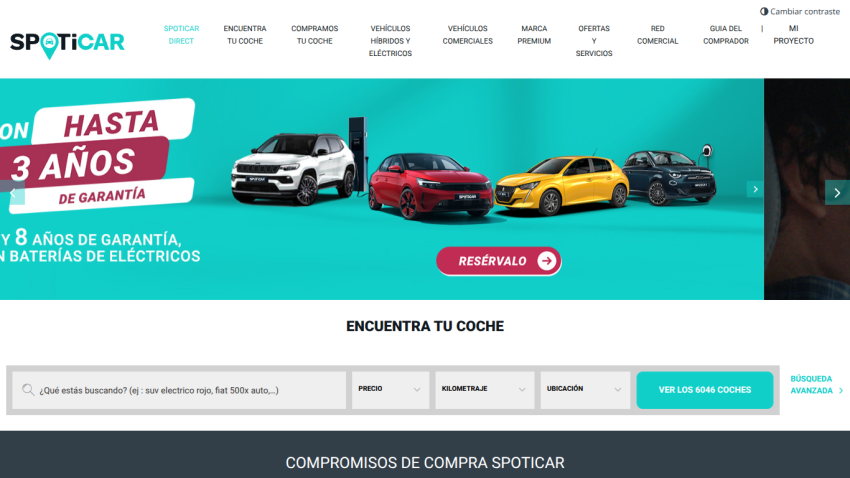 Spoticar homepage with navigation menu, hero image of two people in a car, and search bar to find used cars
