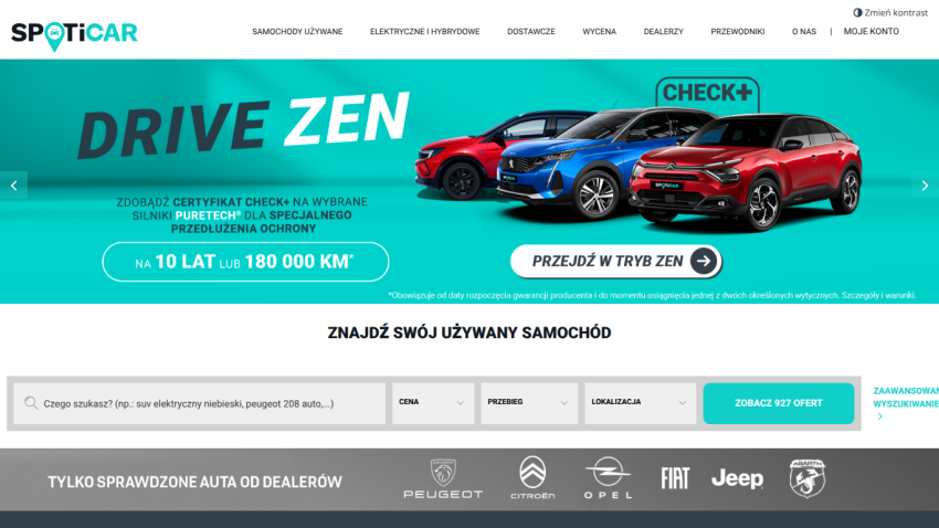 Spoticar homepage with a yellow car by the coast, options to buy or sell, and a search bar for used cars.