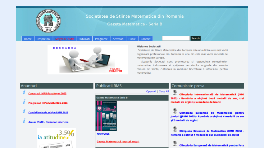 Societatea de Stiinte Matematice din Romania homepage with navigation, mission statement, announcements, publications, and press releases