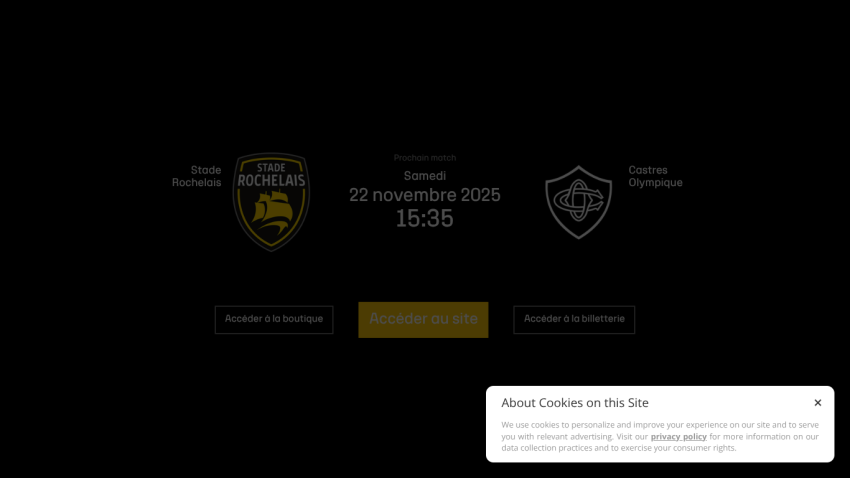 Next match Stade Rochelais vs Castres Olympique on Saturday 22 November 2025 at 15:35 with access buttons for shop, site, and tickets