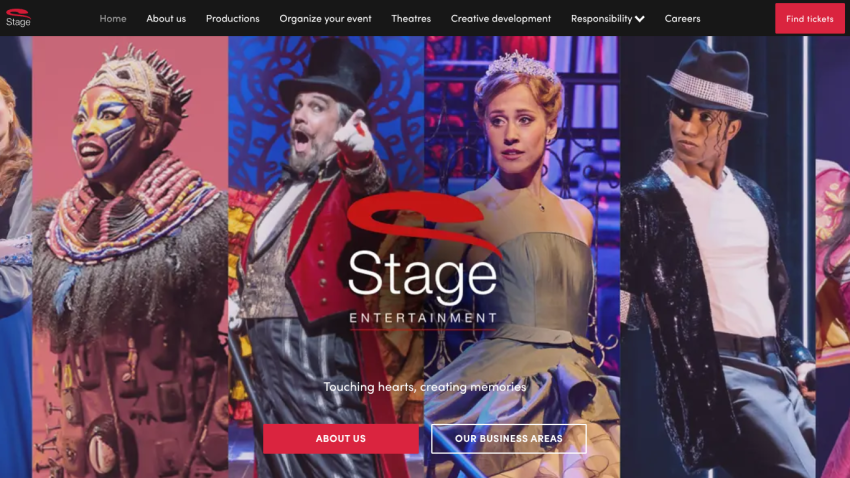 Stage Entertainment website with navigation and hero section featuring theatrical performers and tagline Touching hearts, creating memories