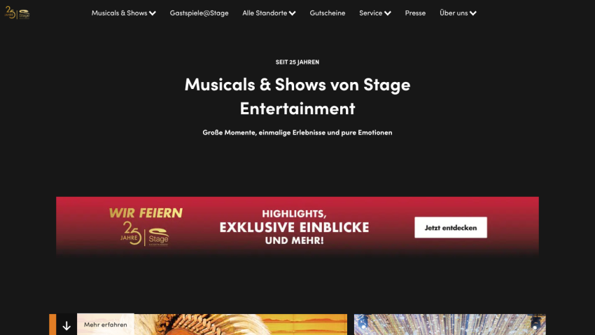 Homepage featuring 'Musicals & Shows von Stage Entertainment' with promotional banner.