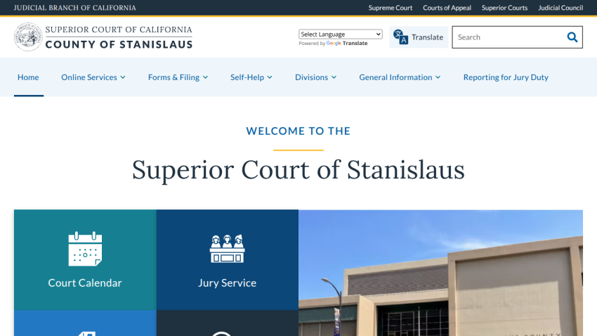 Homepage of Superior Court of Stanislaus with navigation menu, welcome message, and links to Court Calendar and Jury Service.