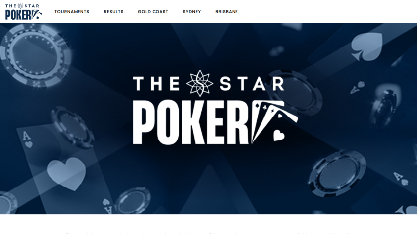 The Star Poker website header and hero section with navigation links for tournaments, results, and locations