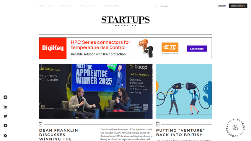 Startup news website featuring headline about Dean Franklin discussing business growth and venture capital topics