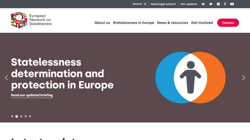 European Network on Statelessness homepage with navigation and hero section about statelessness determination and protection in Europe