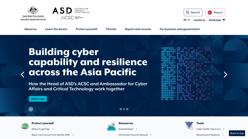 Australian Signals Directorate homepage with navigation and a hero banner about building cyber capability and resilience in Asia Pacific