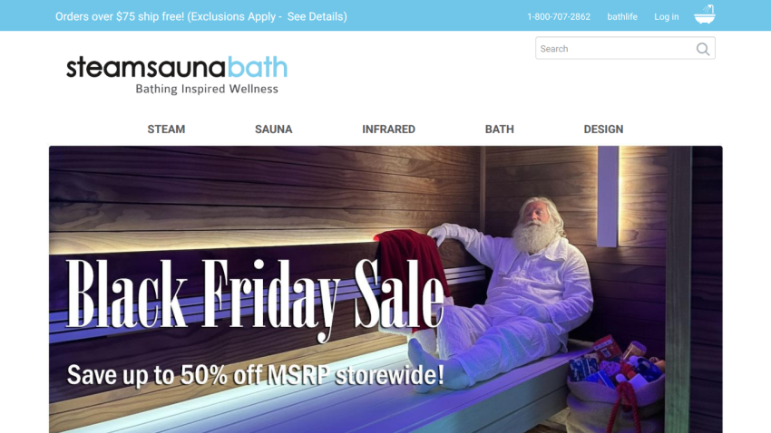 Black Friday Sale with up to 50% off MSRP storewide at steamsaunabath, featuring a man relaxing in a sauna