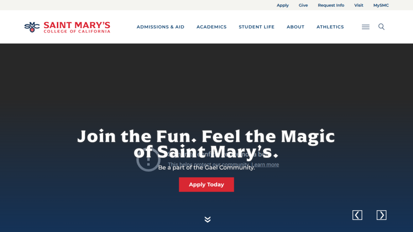 Homepage of Saint Mary's College featuring a call to action to apply.