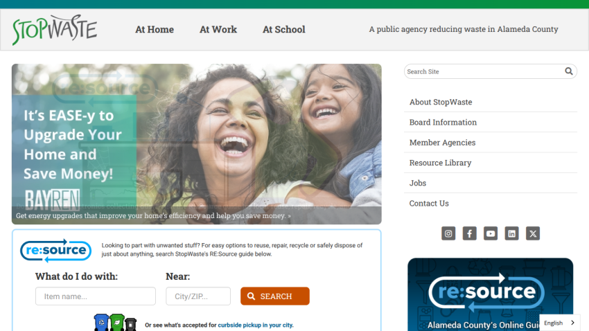 StopWaste website with navigation links, a hero image about electronics reuse, and a search tool for reuse and recycling options