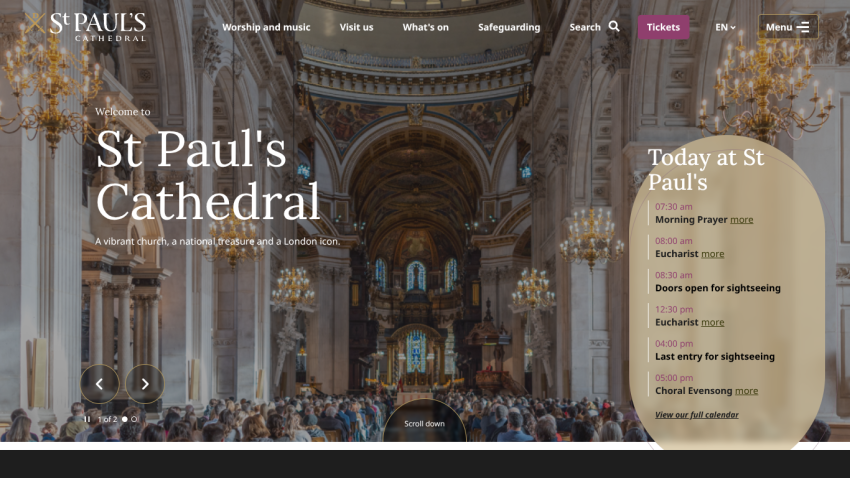 St Paul's Cathedral interior with visitors; today's events listed on the right.