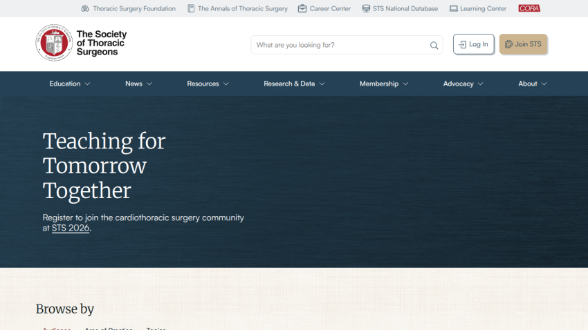 The Society of Thoracic Surgeons homepage with navigation menu and a hero section promoting 'Teaching for Tomorrow Together' event.