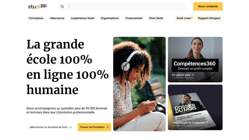 Homepage of an online school with headline about 100% online and human education, navigation menu, and call to action to find training