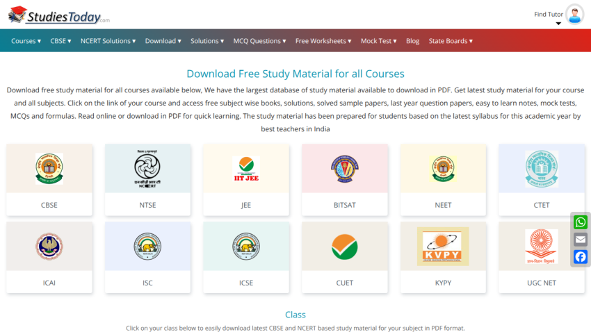 Download free study material for various courses with icons for each subject.