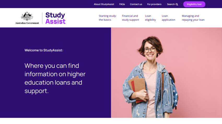 StudyAssist homepage offering information on higher education loans and support with navigation links and eligibility tool.